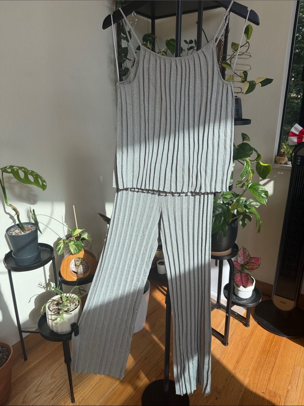 NWT House of Harlow 1960 Metallic Ribbed Knit Tank & Wide Leg Pants Set Smal